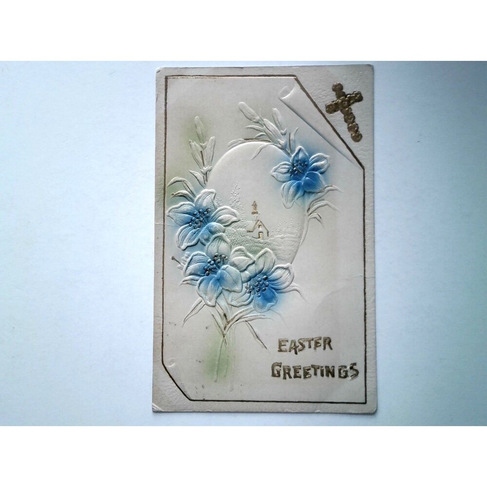1910 Embossed Easter Greetings Postcard Blue Lilies Church Cross OH Postmark